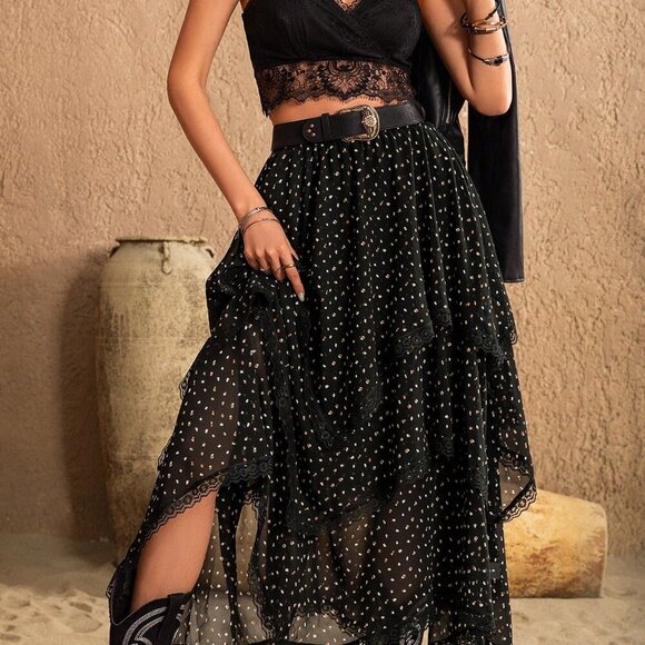 Black Casual Women's Polka-Dot Asymmetric Skirt - Picture 4 of 8